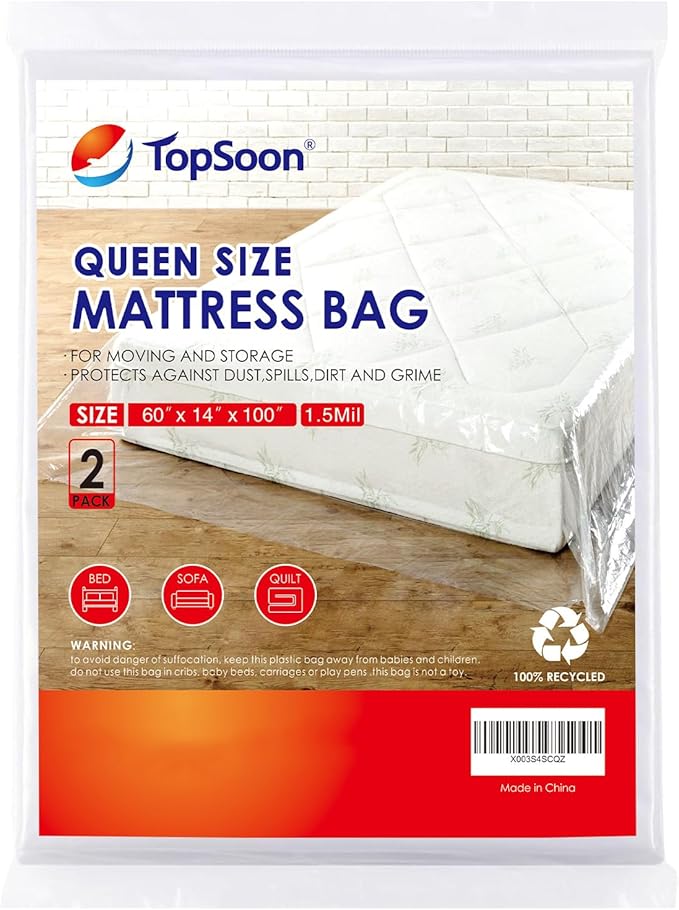 TopSoon 2PK Clear Plastic Mattress Bag - Moving & Storage Cover for Mattress or Box Spring - Heavy-Duty Disposal Supplies (1.5mil, Queen 60" x 14" x 100")