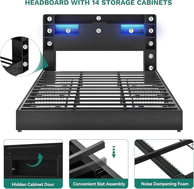 DWVO Queen Size Bed Frame with Bookcase Headboard and 4 Storage Drawers, RGB LED Bed Frame with Type-C & USB Charging Station Storage Headboard Bed, No Box Spring Needed, Noise Free, Black