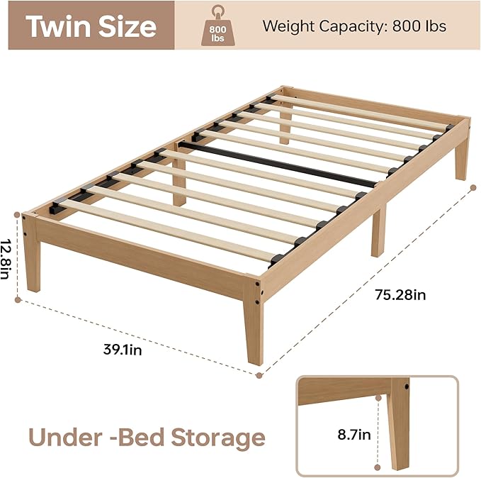 Tyndall Twin Size Bed Frame, 12 Inch Natural Solid Wood Platform Bed with Wooden Slats Support, Underbed Storage Space, No Box Spring Needed, Noise Free, Easy Assembly
