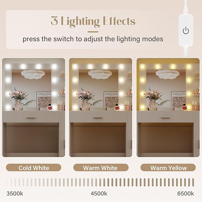 JUMMICO 35.4" Vanity Desk with Mirror and Lights - LED Makeup Vanity Table with Charging Station, 3 Color Adjustable Lights, 3 Drawers & Large Cabinet with Shelves for Bedroom Dressing Room (White)