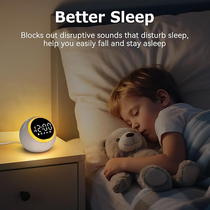 Sound Machine Alarm Clock for Sleep: Digital Alarm Clocks for Bedrooms, 25 Soothing Sounds, 7 Gentle Wake-up Sounds, 16 Adjustable Volume & Timer, Memory Function (Gray)