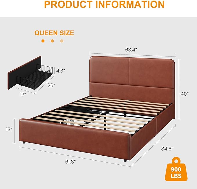 GarveeHome Modern Upholstered Platform Bed Frame with Headboard and Storage Drawers – PU Brown Faux Leather, Wood Slat Support, Sturdy, Noise-Free, Easy Assembly – Queen Size, PU Brown