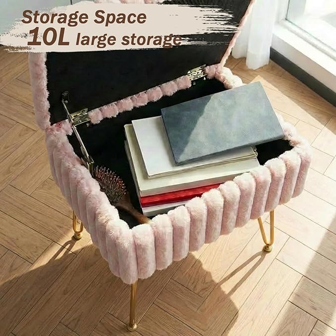 EBENCHICO Vanity Stool Chair with Storage, Faux Fur Stools for Vanity Makeup, Foot Stool Ottoman with 4 Metal Legs, Small Vanity Bench Seat Chairs for Living Room Bedroom