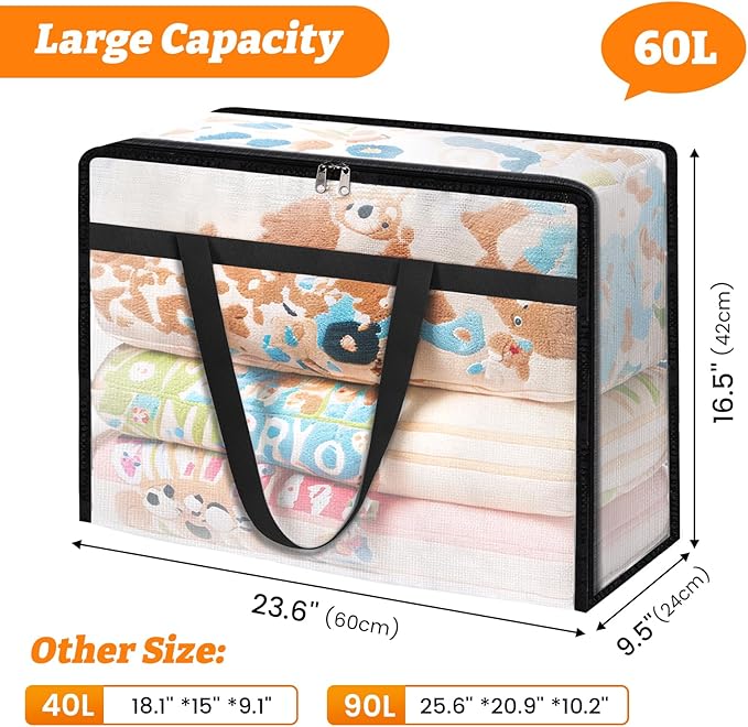 BlissTotes 8 Pack Clear Clothes Storage Bags, Moving Bags, Foldable Blanket Storage Under Bed Storage Containers with Sturdy Zipper and Handle for Clothing, Comforter, Bedding, Sheet (60L)