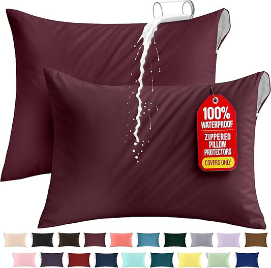 Utopia Bedding Premium 100% Waterproof Pillow Protectors with Zipper Queen Size (Set of 2), Bed Bug and Dust Mite Proof Zippered Pillow Covers, Pillow Encasement Cases, Burgundy