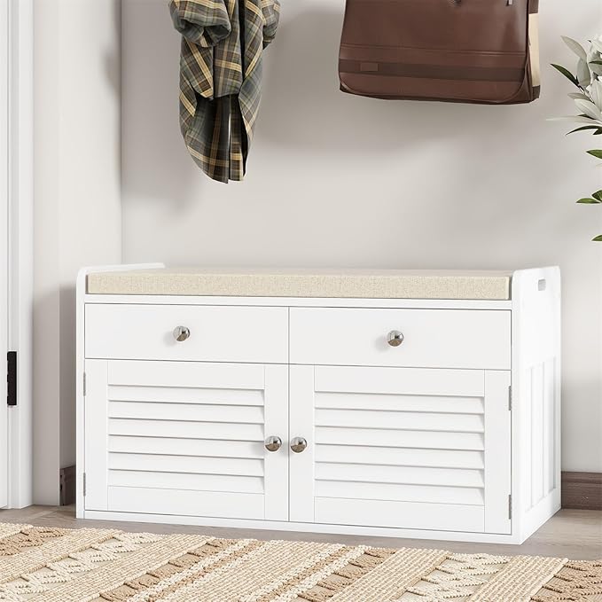 WARMHONIU Shoe Storage Bench with 2 Drawers, Entryway Bench with Cushion, Adjustable Shelves, Shoe Rack Bench with Louvered Doors for Entryway, Bedroom, Hallway, White
