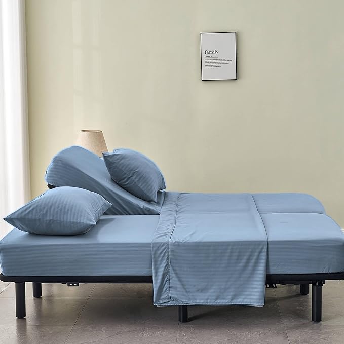 Kingnex Striped Split California King Sheets Sets for Adjustable Bed with Deep Pocket 5 Pieces Include 2 Cali Twin XL Fitted Sheets 1 Flat Sheet 2 King Size Pillowcases Blue