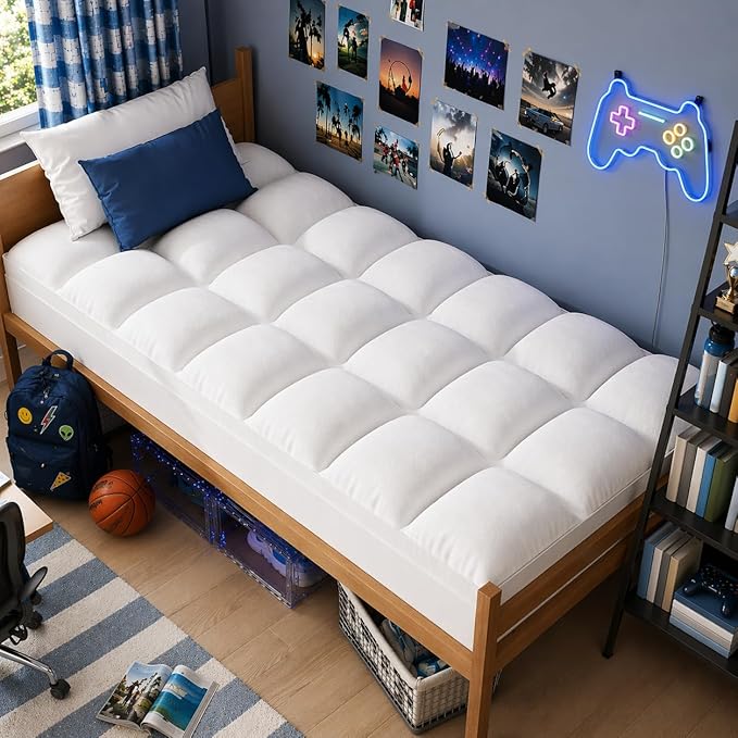 ELEMUSE Twin Mattress Topper for Back Pain, Extra Thick Mattress Pad Cover, Plush Soft Pillowtop with Elastic Deep Pocket, Overfilled Down Alternative Filling
