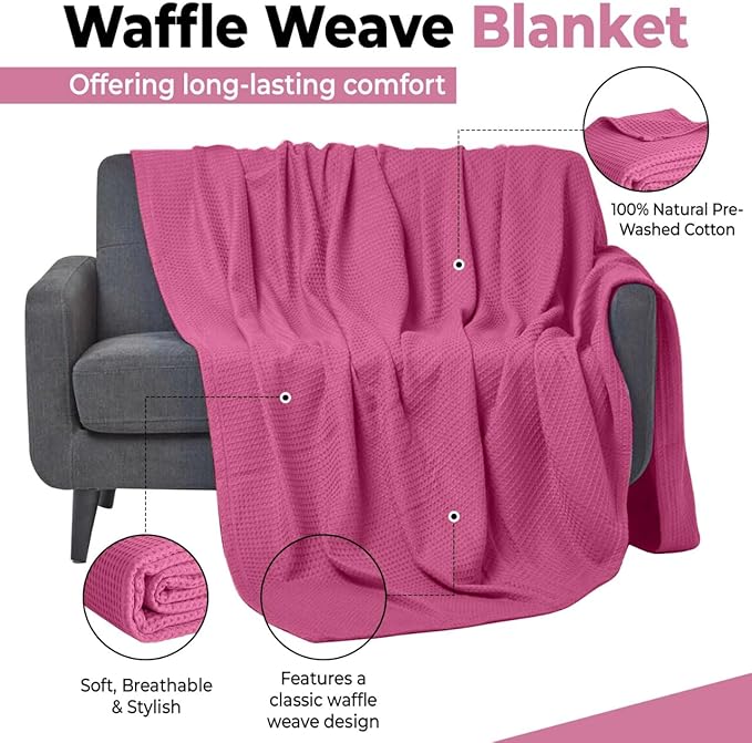 100% Cotton Blankets for Bed - Waffle Weave Blankets for Summer, Lightweight and Breathable Soft Woven Blanket for Spring (Pink, Throw (50" x 60"))