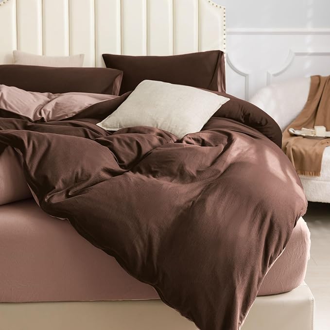 PURE ERA Jersey Knit Duvet Cover Set 100% T-Shirt Cotton Super Soft Comfy 3pc Bedding Set with Zipper Closure (Petal Pink/Dark Brown, Queen, 90"X90")