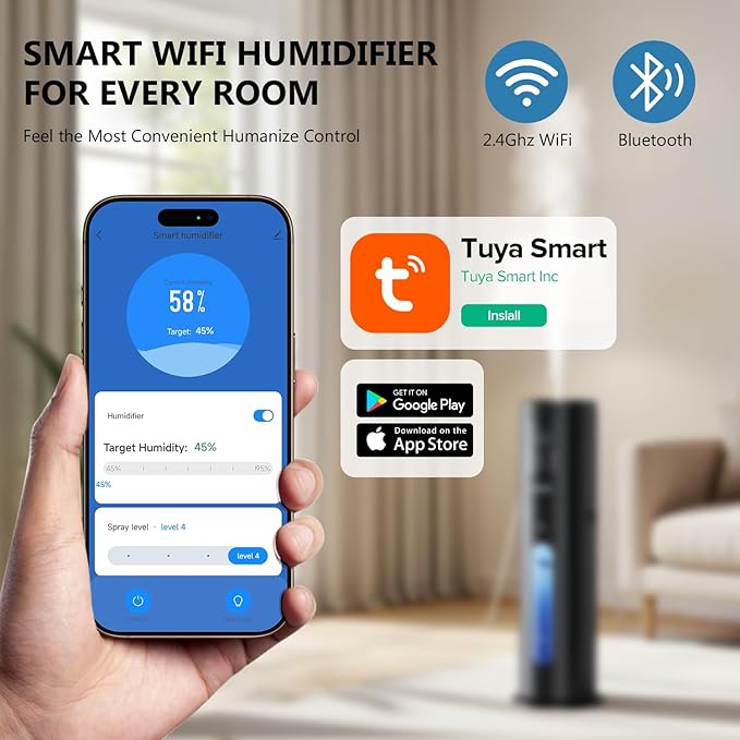 Humidifiers for Bedroom Large Room with 7L/1.85Gal Room Humidifier for Bedroom Large Humidifier, Smart App & Remote Control, 4 Mist Levels Humidifiers Midnight