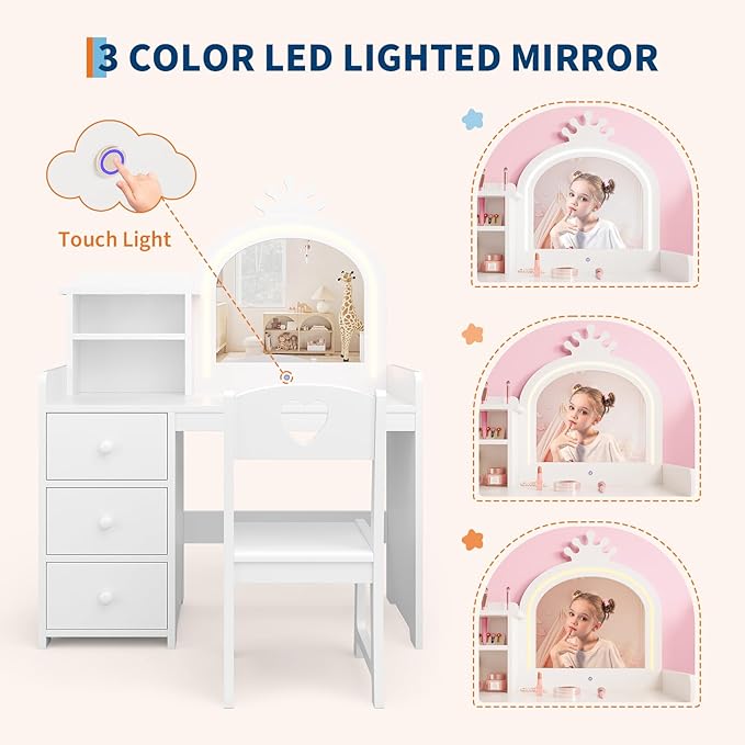 GarveeHome Kids Vanity Desk with Mirror and Lights, White Princess Wooden Makeup Vanity with Chair, Storage Shelves and Drawers, 2-in-1 Girls Dressing Table