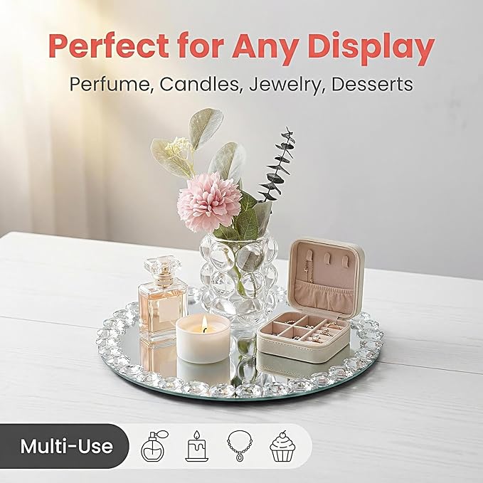 2-Pack Round Mirror Tray 12 Inch, Crystal Bead Vanity Tray, Mirrored Perfume Organizer Jewelry Display, Decorative Tray for Bathroom Dresser Coffee Table Hotel Banquet, Silver Home Decor