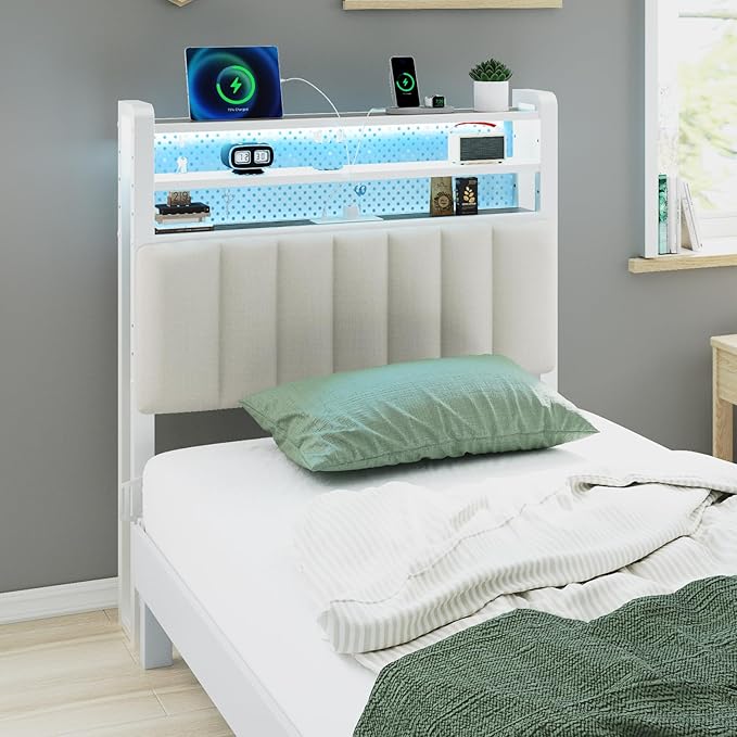 VINGLI Twin/XL LED Headboard with Storage Shelves & Charging Station, Upholstered Metal Head Board with RGB Lights, USB Ports and Power Outlet for Kids Room, Small Bedroom, Dorm and College Bedroom