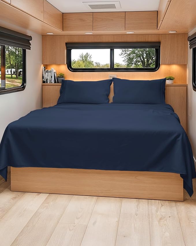 Short Queen Size 4 Piece Sheet Set - RV Short Queen, Soft, Breathable & Cooling Bed Sheets Set with Deep Pockets - Hotel Luxury Bedding for Women & Men - Wrinkle Free and Fade Resistant - Navy Blue