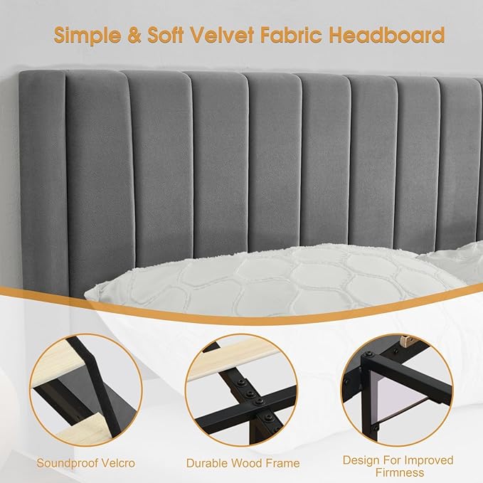 Full Bed Frame Upholstered Platform,Full Size Bed Frame with Velvet Headboard,Non-Slip and Noise-Free/Wooden Slats Support/No Box Spring Needed/Easy Assembly/Mattress Foundation (Grey, Full)