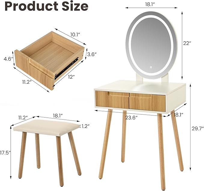 Pamapic Small Makeup Vanity Desk with Mirror and Lights, Girls Vanity with Cushioned Stool, 3 Lighting Modes Dressing Table, Compact Make Up Table with Drawers Bedroom, Natural Oak