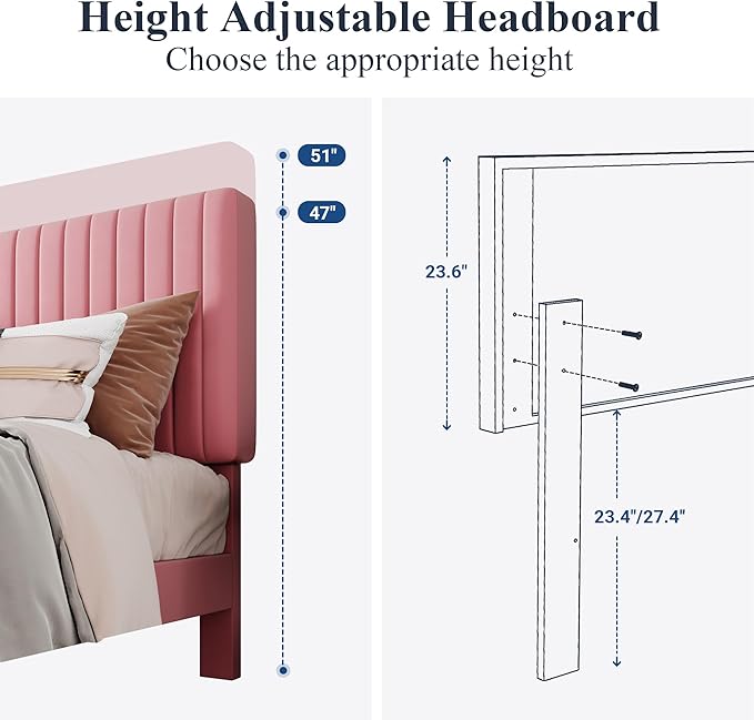 Allewie Queen Bed Frame, Velvet Upholstered Platform Bed with Adjustable Vertical Channel Tufted Headboard, Mattress Foundation with Strong Wooden Slats, Box Spring Optional, Easy Assembly, Pink