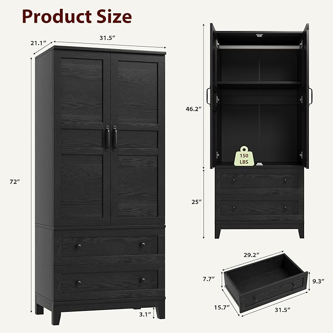 GarveeHome Armoire Wardrobe Closet with 2 Drawers,72 in Wooden Wardrobe Cabinet with Hanging Rod, Tall Clothing Armoire Cabinet with Doors and 18 Adjustable Shelves for Bedroom, Clothes, Black