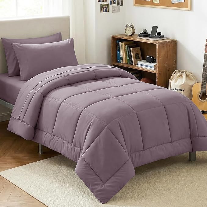 CozyLux Twin XL Comforter Set Dusty Purple, 5 Pieces Twin Extra Long Bed in a Bag for College Dorm, All Season Bedding Set with Stitch Quilted Comforter, Flat Sheet, Fitted Sheet, Pillowcases