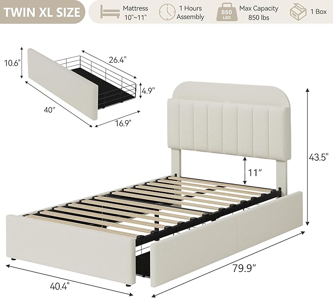 IDEALHOUSE Twin XL Bed Frame for Kids, Boucle Upholstered Platform Bed for Boys/Girls with 2 Flexible Drawers, Bookcase Headboard, Noise-Free, Easy Assembly, No Box Spring Needed, Beige