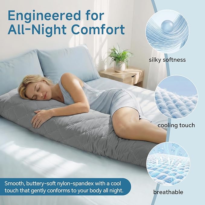 BEDELITE Cooling Body Pillow for Adults, Creative Ultra Soft Cool-Touch Quilted Nylon-Spandex Body Pillow Cover, Adjustable Memory Foam Long Pillow for Side Sleepers, Pregnancy & Back Pain(Light Grey)