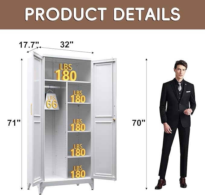 SteeLoong Metal Wardrobe Closet,71" H Wardrobe Cabinet with Locking Doors,White Clothing Storage Cabinets with Hanging Rod and 3 Adjustable Shelves,Armoire Wardrobe Closet for Home Office,School,Gym