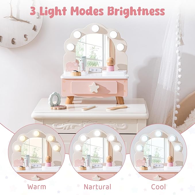 ROBOTIME Toddler Vanity Makeup Table Toy with Mirror & Light, Wooden Kids Makeup Vanity Set, Dressing Table with Accessories and Lights, Pretend Makeup Set for Little Girls