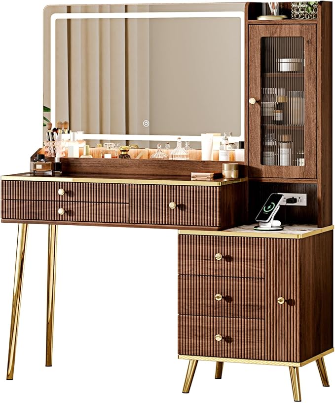 Arulvmrn Vanity Desk with 35.12" HD Lighted Mirror, 46.85" Big Modern Vanity Desk with Mirror and Lights, Makeup Vanity with 7 Drawers and Storage Shelves and Charging Station, Walnut