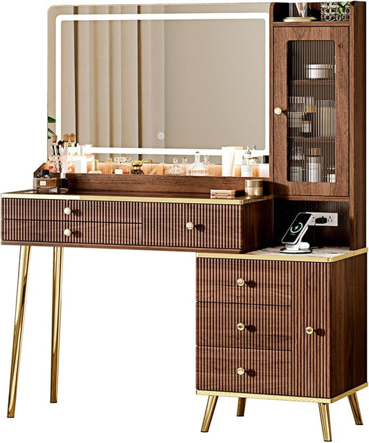 Arulvmrn Vanity Desk with 35.12" HD Lighted Mirror, 46.85" Big Modern Vanity Desk with Mirror and Lights, Makeup Vanity with 7 Drawers and Storage Shelves and Charging Station, Walnut
