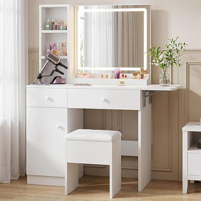 FUXA Vanity Desk with LED Lights Mirror and Charging Station, Makeup Vanity Table with Storage Drawers, Cabinet and Chair, Dressing Table Set for Bedroom, White