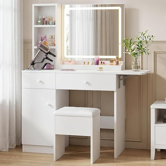 FUXA Vanity Desk with LED Lights Mirror and Charging Station, Makeup Vanity Table with Storage Drawers, Cabinet and Chair, Dressing Table Set for Bedroom, White