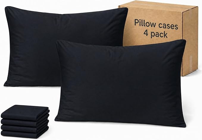 ZPECC Black Pillow Cases Queen Size Set of 4, 20x30 Envelope Closure Pillowcases, Soft Plain Brushed Microfiber Covers Hypoallergenic Breathable