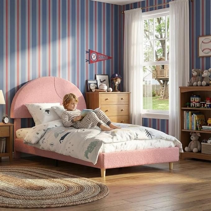 Garvee Twin Bed Frame with Round Boucle Headboard, Upholstered Arch-Shaped Design in Soft Pink, Modern Bed with Wooden Slats, No Box Spring Required and Easy Assembly