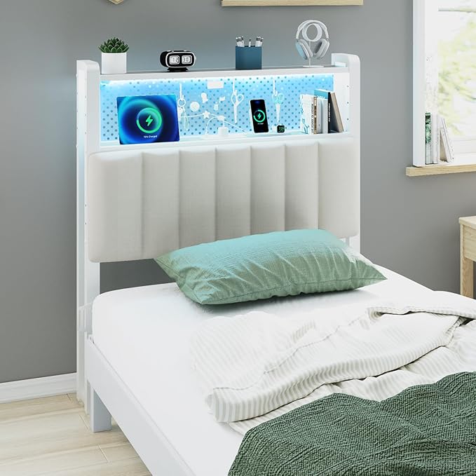 VINGLI Twin Size Headboard for Bed, Upholstered Headboards with Storage, Charging Stations and LED Lights, 2 Tier Shelves and Pegboard, Modern Twin XL Bed Head Board, Adjustable Height, White