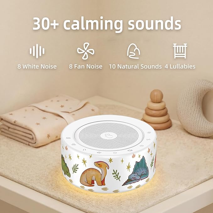 Kipcush White Noise Machine - Soft Non-Glare Nursery Lamp, 30 Soothing Sounds, 8 Color Lights, Max 8-Hour Timer for Baby & Adults