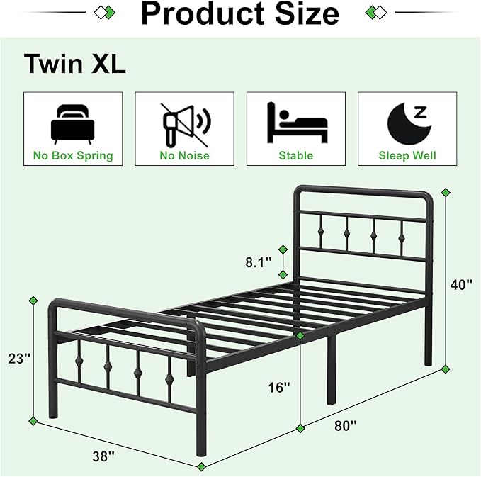 EMODA 16 Inch Twin XL Bed Frames with Headboard and Footboard, Heavy Duty XL Twin Metal Slats Support Mattress Foundation, No Box Spring Needed, Easy Assembly