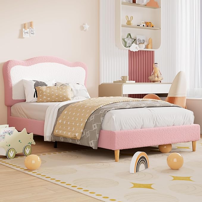 GarveeHome Upholstered Twin Bed Frame for Kids with Scallop Headboard, Cute Velvet Twin Bed for Girls, Boys, Sturdy Platform Bed, No Box Spring Needed, Wooden Slats, Noise Free, Pink White
