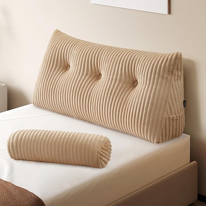 Z-hom Large Wedge Pillow Headboard, Twin Triangular Headboard Pillow, Reading Pillow Bed with a Roll Pillow for Bed Sitting Up Sleeping, Backrest Cushion Headboard Gap Pillow for Back,Beige
