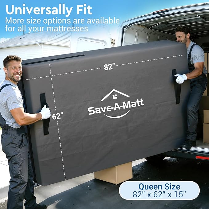 SaveAMatt Mattress Bags for Moving and Storage, Mattress Protector Cover with 4 Heavy-Duty Handles & Strong Zipper, Extra Thick Reusable Mattress Moving Supplies, Queen Size, Gray