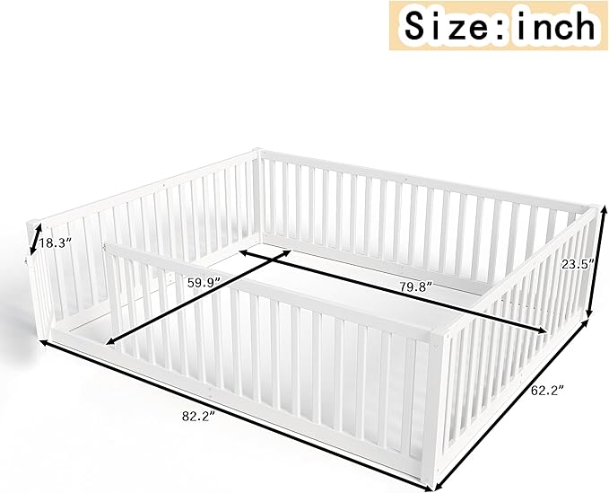 Bellemave Queen Size Montessori Floor Bed with 23.5" High Rails, Pine,Plywood Floor Bed with Small Door, White