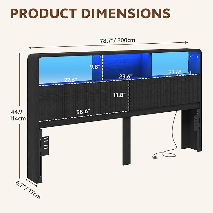 King Headboard Only, 78.7" Wide Wooden Headboard King Size with Storage, Modern Farmhouse Head Board with Outlets & USB Ports, Wall Mounted Headboards with Color-Changing LED, Black