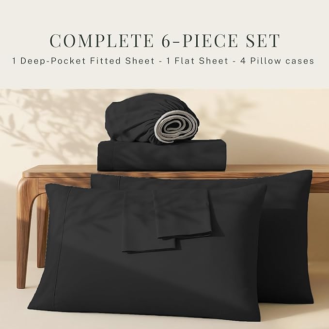 Hearth & Harbor Extra Deep Pocket Sheets - Fits Mattress 18-24 Inches Deep - Extra Deep Pocket Twin Sheets Sets - 4 Piece Twin Size - Black