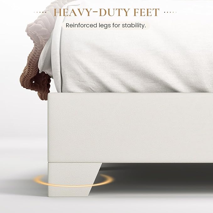 SHA CERLIN Queen Size Bed Frame with Adjustable Headboard, Faux Leather Upholstered Platform Bed with Wood Slats, Stable Mattress Foundation,No Box Spring Needed, Off-White