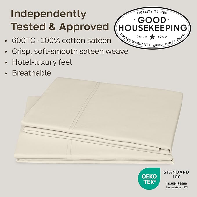 Luxuriously Soft Premium 600 Thread Count, 100% Cotton Set of 2 Cases, Crisp Pillowcases Queen Size Set of 2 Fits Standard & Queen Pillows - Cream (Warm Ivory)