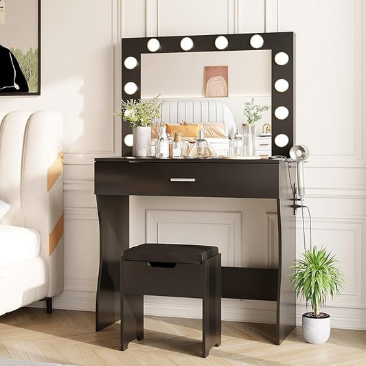 Vabches Vanity Table Set with 12 Light Bulbs, Makeup Dressing Table with Big Drawer & Mirror, Dresser Desk for Bedroom, Living Room Black