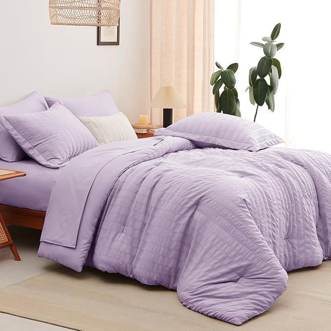 CozyLux Queen Comforter Set Light Purple Seersucker 7 Pieces Bed in a Bag Queen Comforter Set with Sheets, Lavender Luxury Bedding Sets with Down Alternative Comforter, Sheets, Pillowcases & Shams