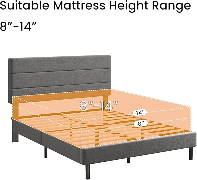 Full Platform Bed Frame with Adjustable Linen Fabric Upholstered Headboard, Strong Slats Support, Noise-Free, No Box Spring Required, Easy Assembly for Bedroom Guest Room, Grey