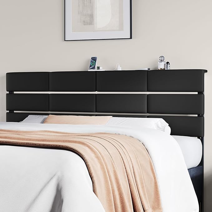 Full/Queen Size Upholstered Velvet Headboard, Adjustable Head Boards with LED Light & Charging Station, Bed Headboard Only, Attach Frame, Study & Comfortable, Ideal for Bedroom, Dorm, Black