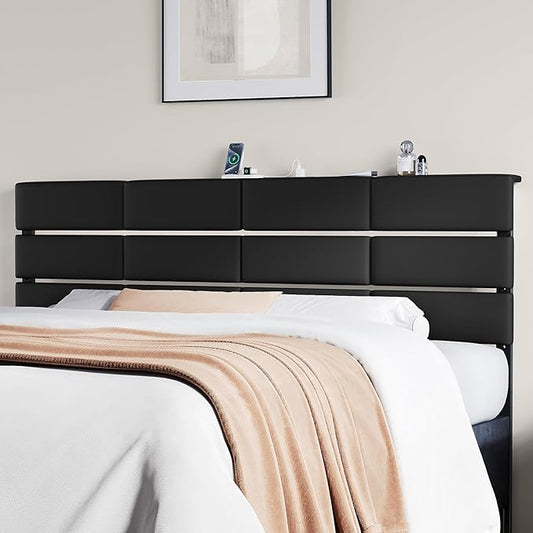Full/Queen Size Upholstered Velvet Headboard, Adjustable Head Boards with LED Light & Charging Station, Bed Headboard Only, Attach Frame, Study & Comfortable, Ideal for Bedroom, Dorm, Black
